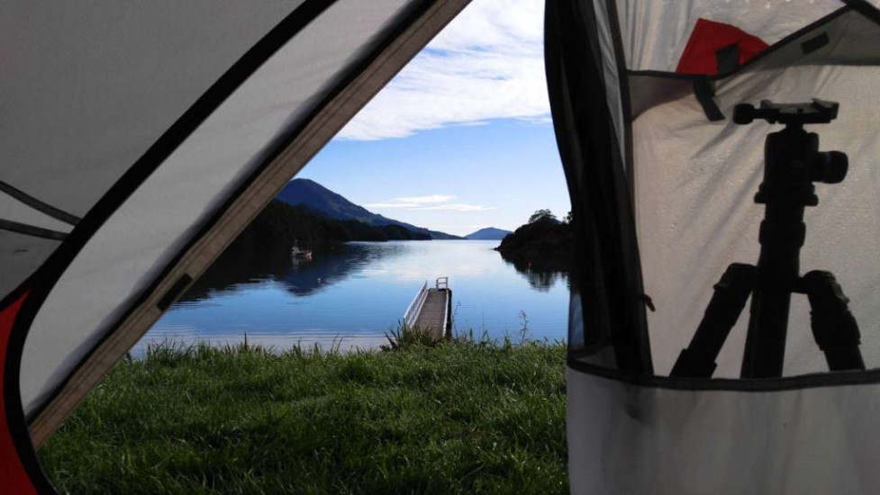 Blick aus unserem Zelt auf die Elaine Bay in Neuseeland