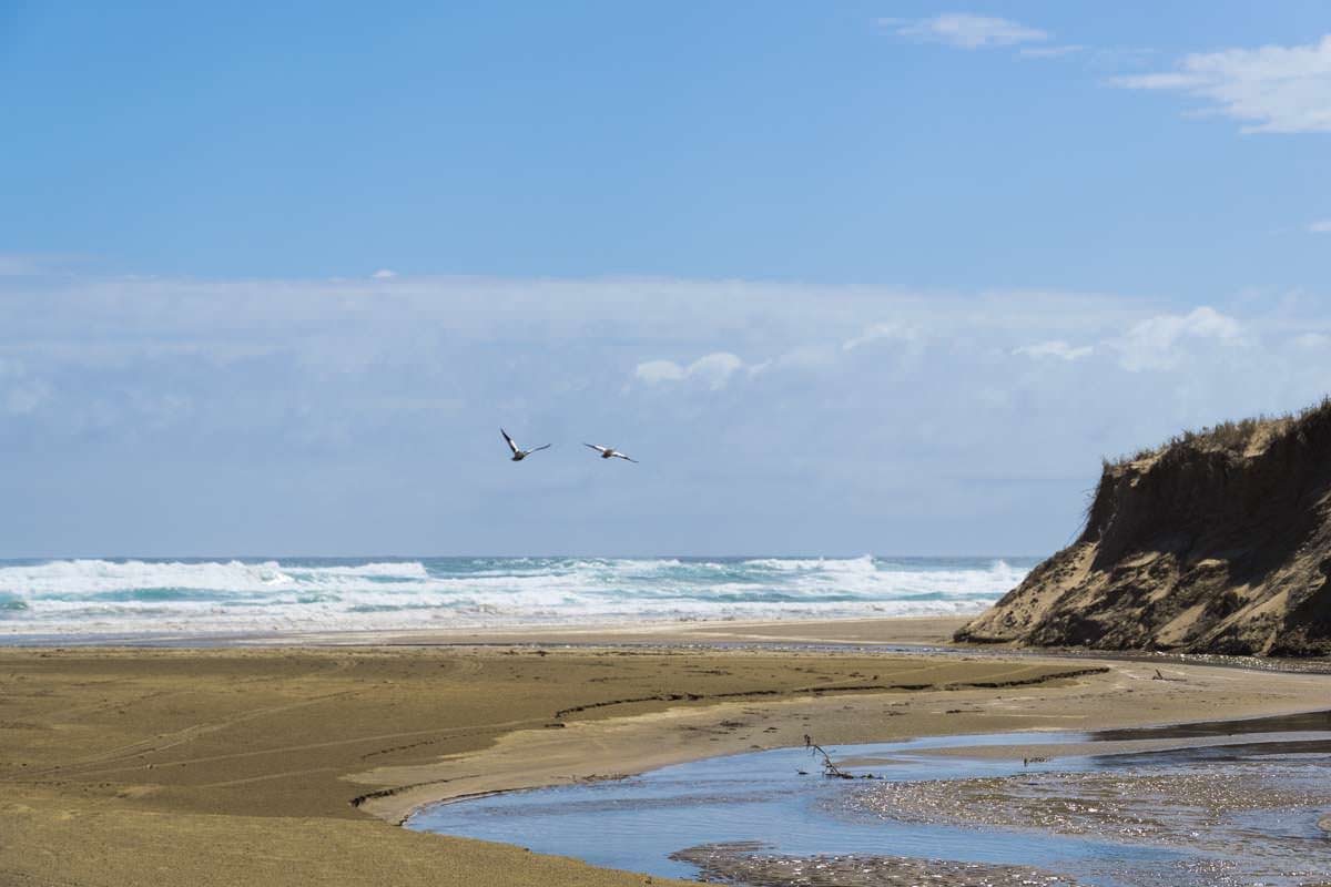 Te Paki Stream mündet im 90-Mile Beach in Neuseeland