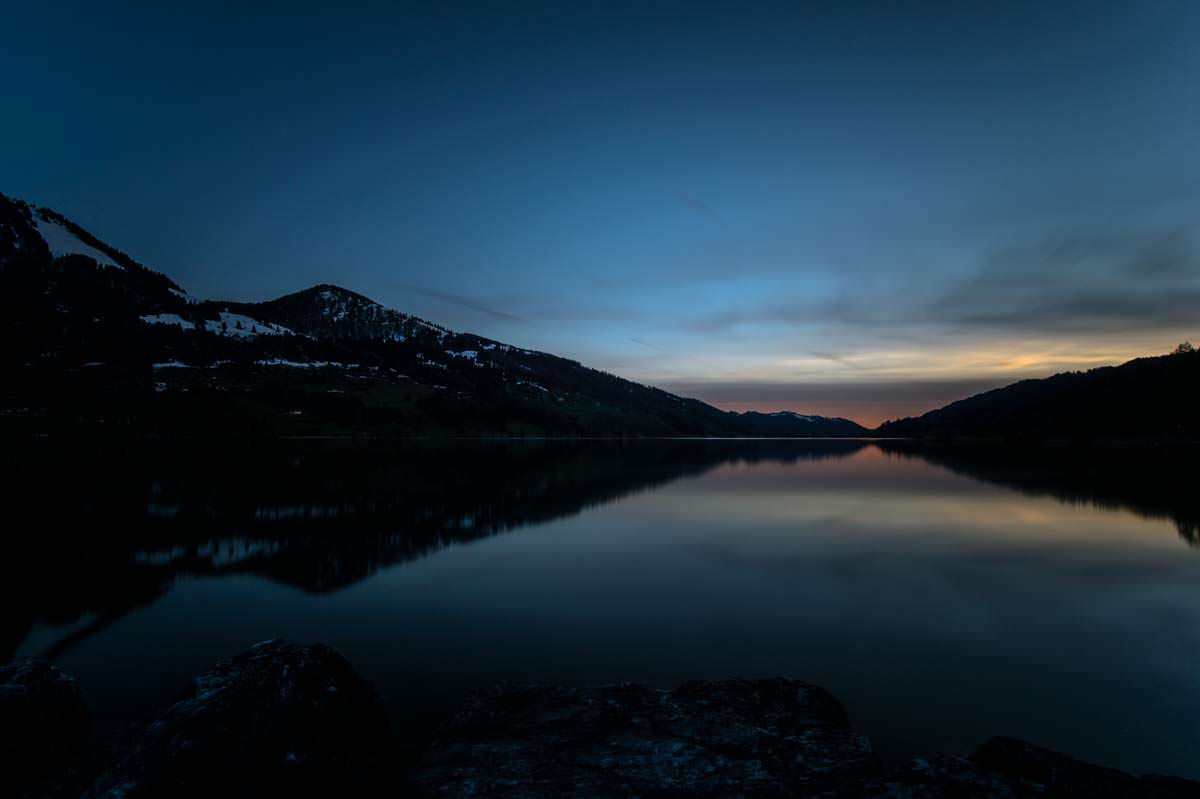 Sonnenuntergang über dem Alpsee in Immenstadt