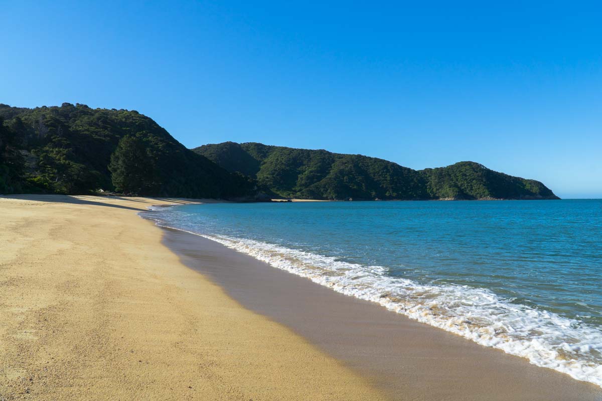 Goldener Sandstrand in der Mutton Cove im Abel Tasman Nationalpark in Neuseeland