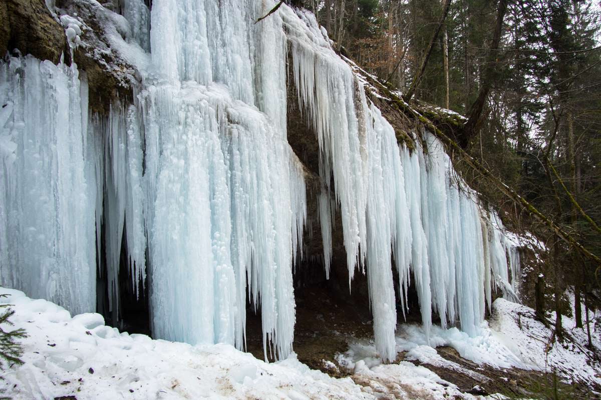 Der große Eisvorhang bildet eine märchenhafte Eisgrotte. Eisgrotte im Eistobel (Allgäu)
