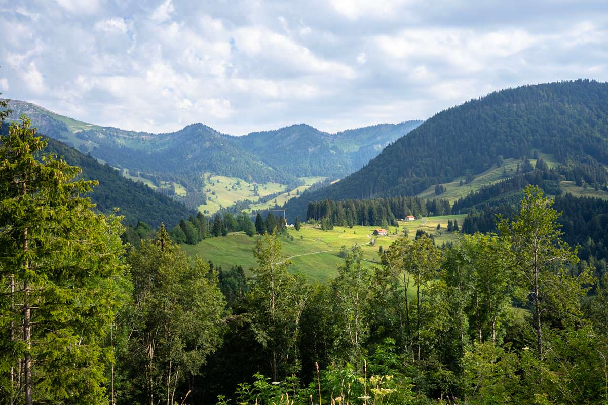 Vom Wasserfallparkplatz überblickt man die Alpe Neugschwend und den Hochgrat